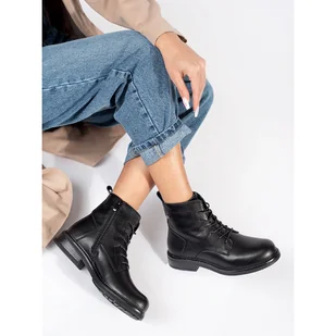 Czarne sznurowane botki damskie skórzane Sergio Leone - Botki damskie - miniaturka - grafika 1