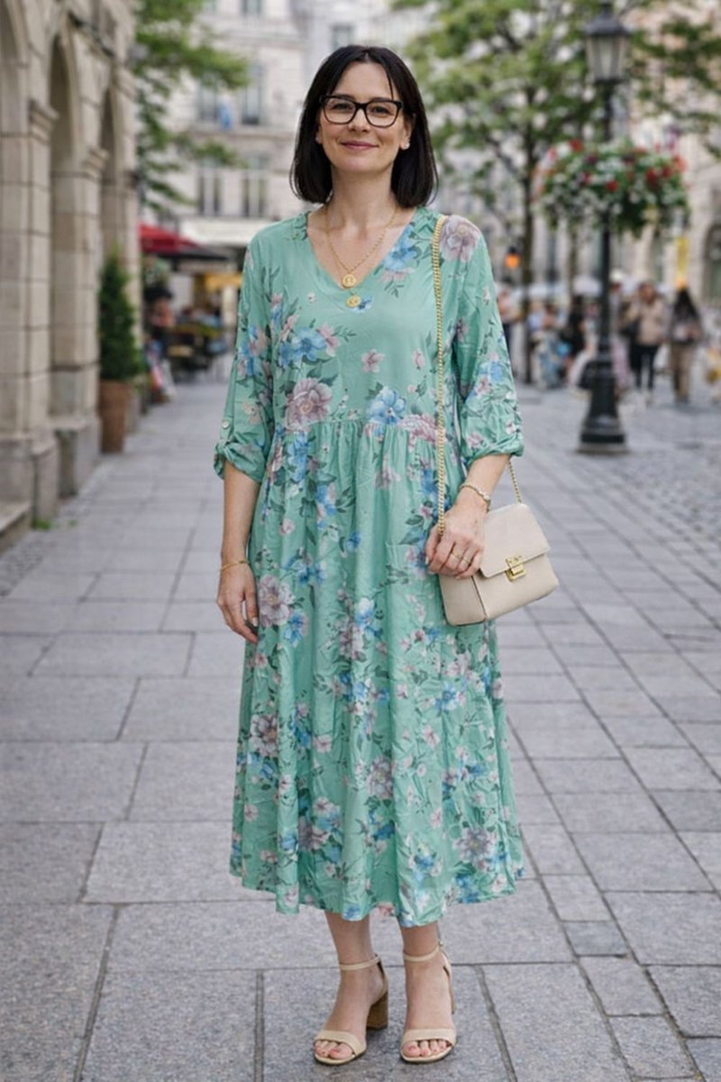 Sukienka damska midi zielona w kwiaty V-neck oversize lekka wiosna lato