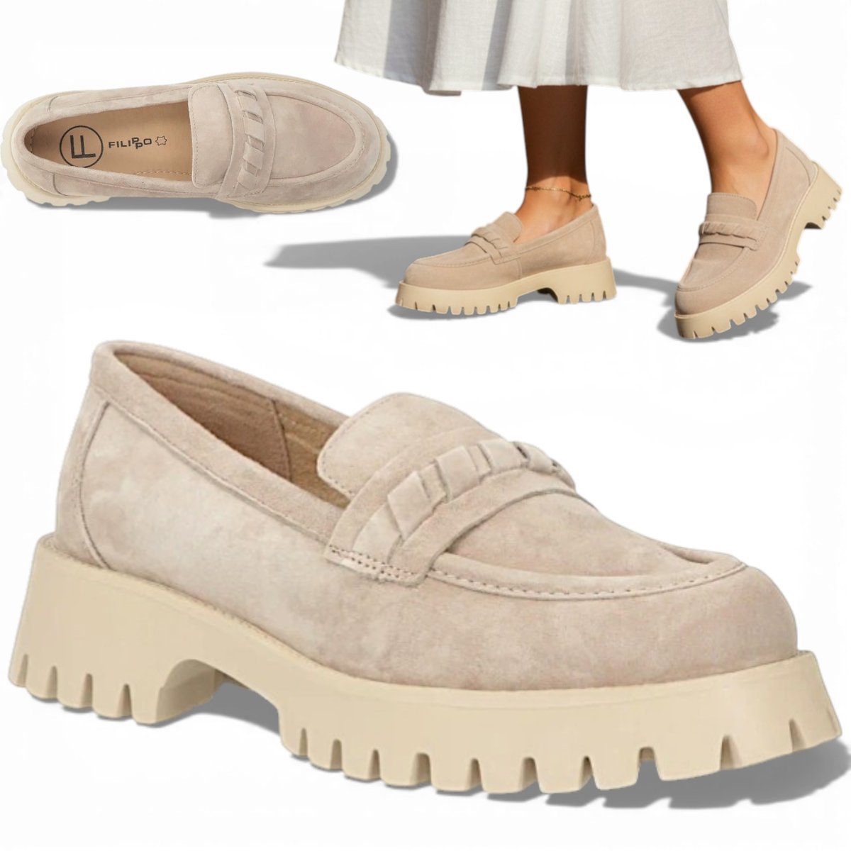 Mokasyny Damskie SKÓRZANE Filippo Zamszowe Półbuty Beżowe na Platformie 39