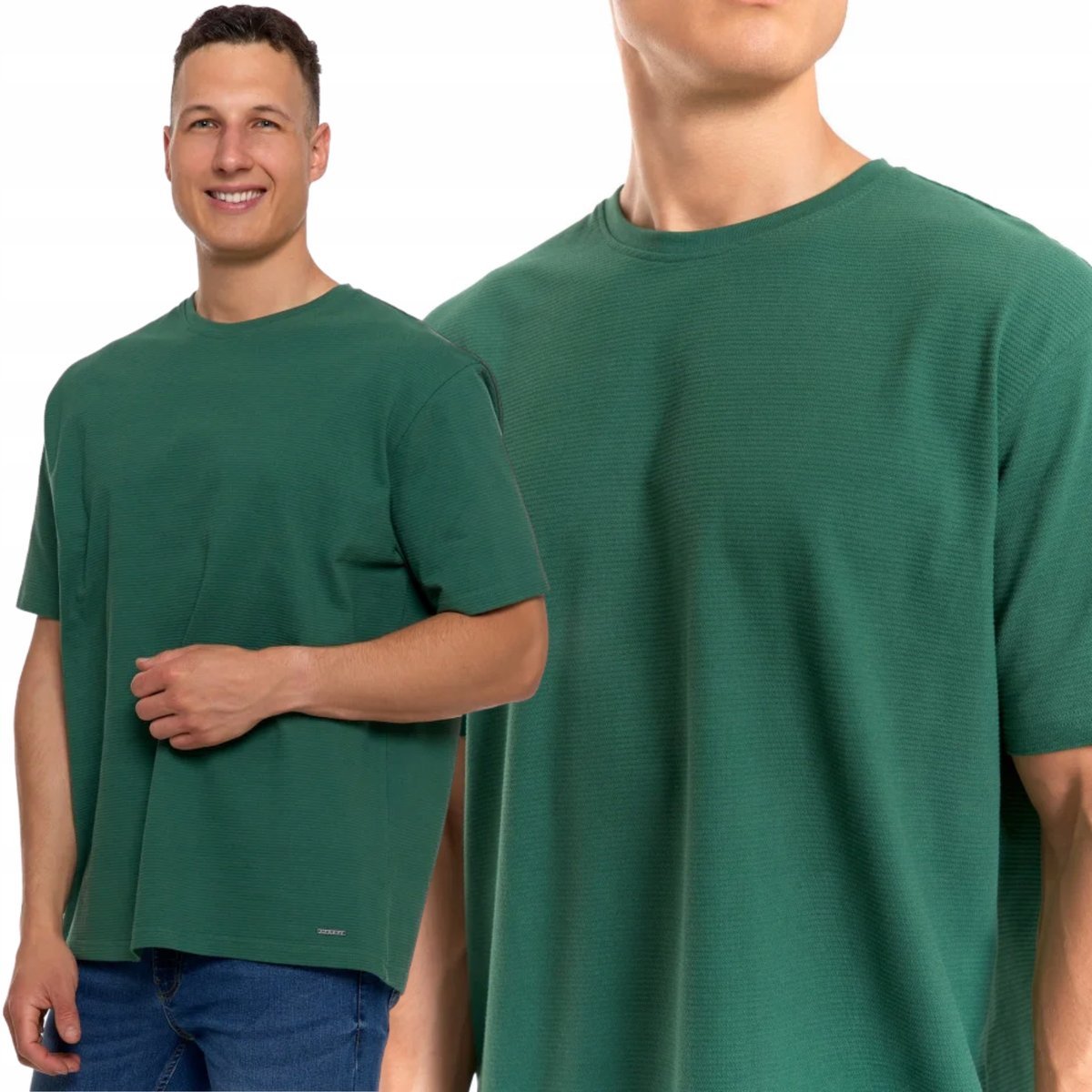 T-Shirt Koszulka Męska Krótki Rękaw Bawełna Klasyczna Prążkowana Moraj Xl Green