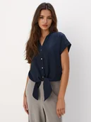 Bluzki damskie - Mohito - Granatowa bluzka z lyocellu - granatowy - miniaturka - grafika 1