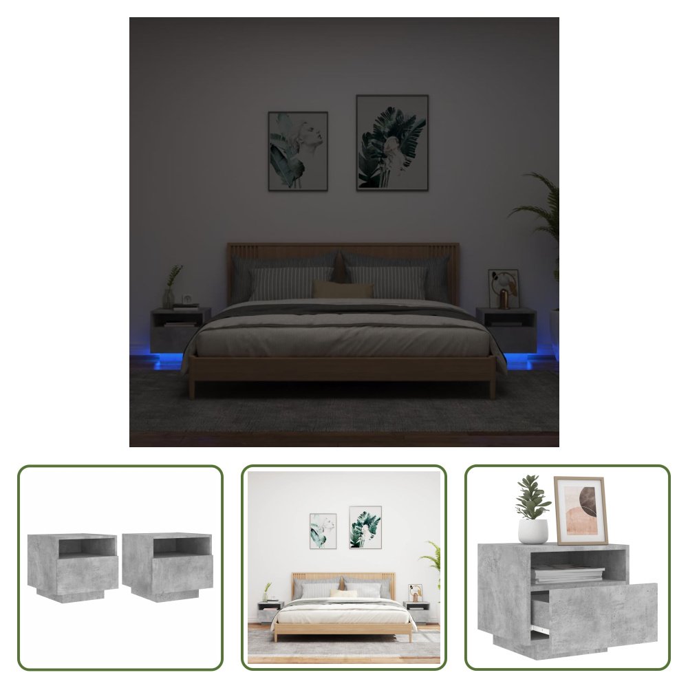 The Living Store Szafki nocne z oświetleniem LED 2 szt. Betonowy szary 40x39x37 cm