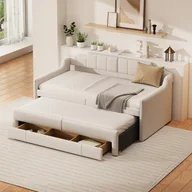 Łóżka dla dzieci i młodzieży - Łóżko dzienne Merax 90x200 cm z wysuwanym łóżkiem 90x190 cm i szufladą, rozkładana sofa z listwowym stelażem i podłokietnikami, łóżko dziecięce tapicerowane lnem - miniaturka - grafika 1