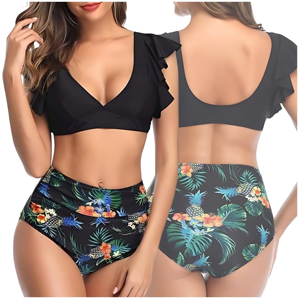 STRÓJ KĄPIELOWY DWUCZĘŚCIOWY BIKINI Z FALBANKĄ WYSOKI STAN WYSZCZUPLAJĄCY S