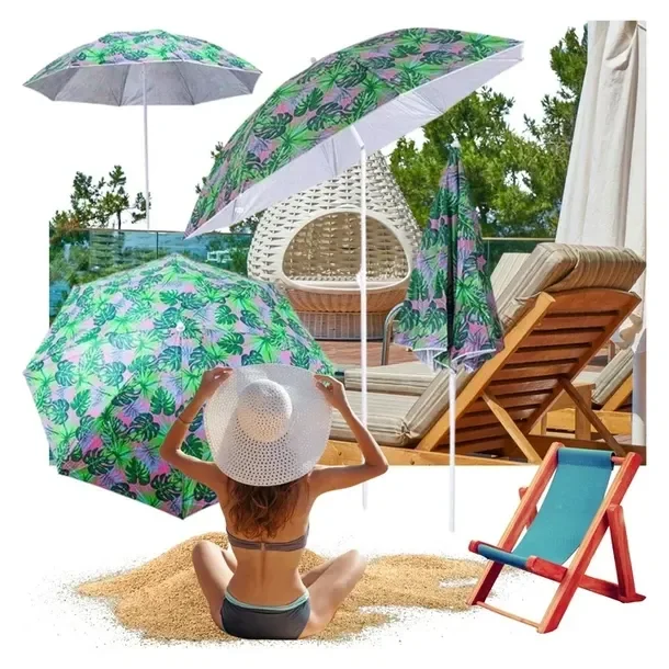 Parasol Ogrodowy Plażowy Regulowany Łamany 150cm Liście Uv