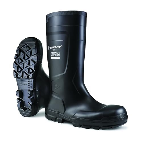 Buty robocze Dunlop Work-It S5 z PVC dla mężczyzn i kobiet – wodoodporne buty robocze ze stalowym noskiem – buty budowlane – odporne na działanie chemikaliów i antypoślizgowe – czarne – rozmiary od 41