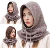 Czapki damskie - Kominiarka Damska Czapka Kaptur Dziergany Dzianinowy Elegancki Do Płaszcza - miniaturka - grafika 1