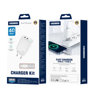 JELLICO ładowarka sieciowa EU19 GaN PD 40W 2xUSB-C + kabel USB-C - Lightning Biały - Ładowarki do telefonów - miniaturka - grafika 1