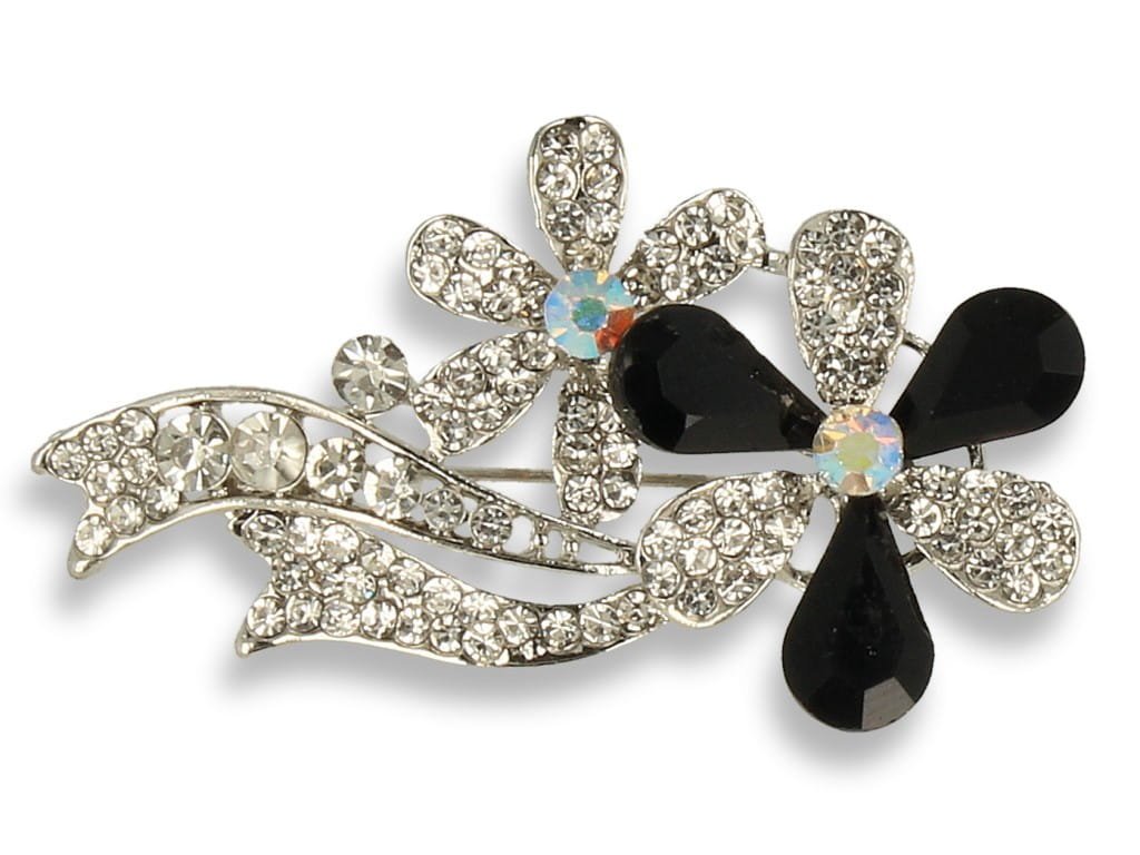 Broszka Damska Srebrna Kwiat Z Czarnymi Kamieniami