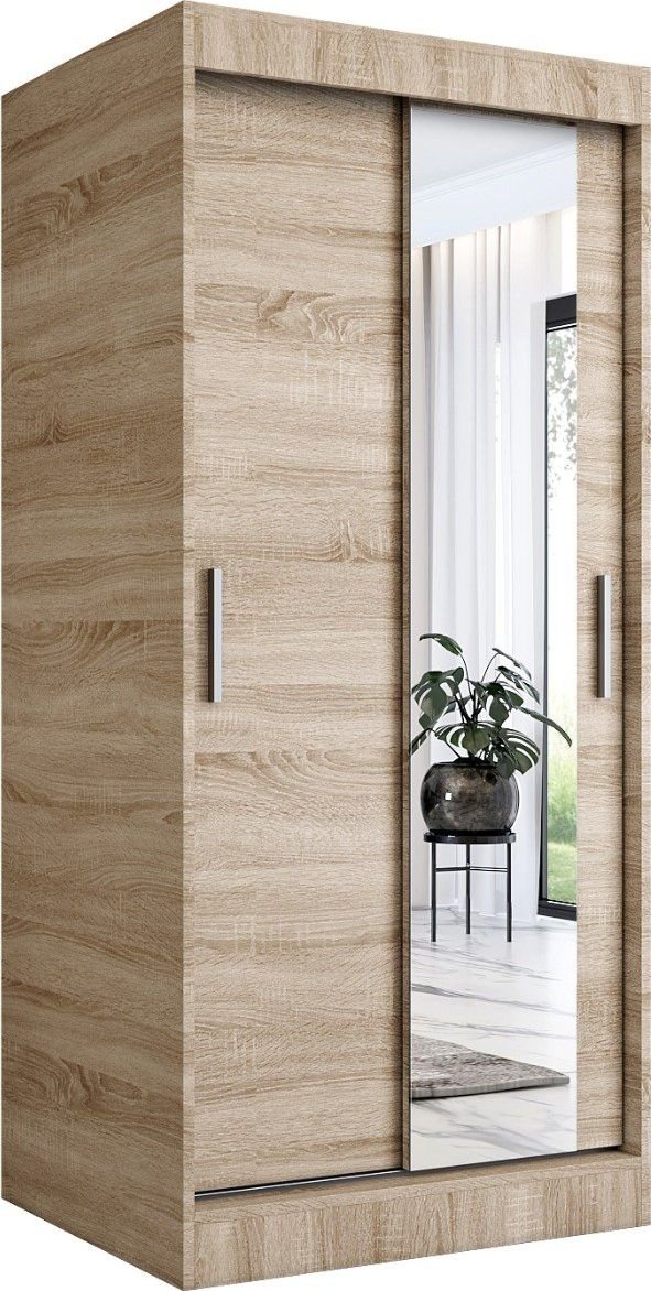 MKPOL Szafa przesuwna MODUO COMFORT 90 dąb sonoma z lustrem po prawej