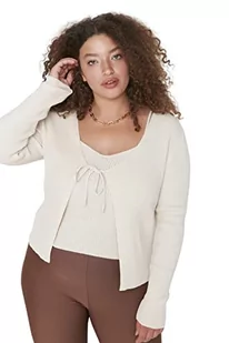 Trendyol Damski plus size regularny podstawowy dekolt w serek dzianinowy kardigan plus size, BEŻOWY, XL - Swetry damskie - miniaturka - grafika 1