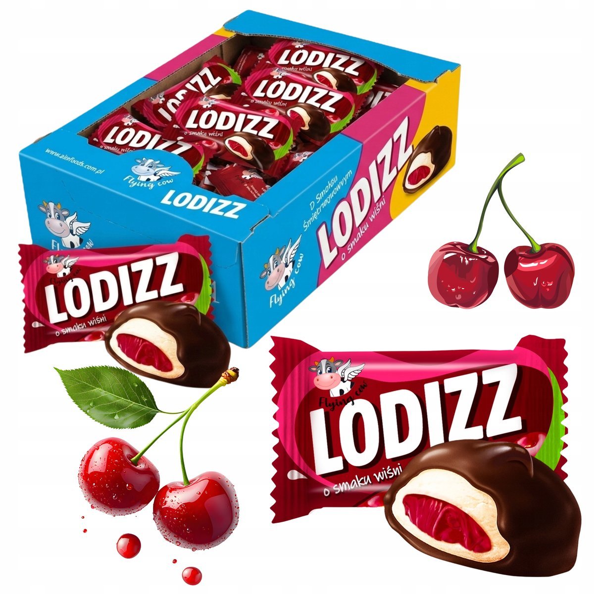 LODIZZ Cukierki w Czekoladzie o Smaku Wiśni Flying cow Duże Opakowanie 1000