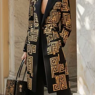 Marynarki i żakiety damskie - TEMU Luksusowy Czarny Blazer Damski – Odważny Złoty Wzór Geometryczny, Elegancka Kurtka z Kieszeniami, Nieprześwitujący Materiał do Biura i Na Co - miniaturka - grafika 1