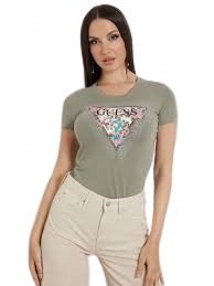 Guess Khaki T-Shirt Damski z Okrągłym Dekoltem i Nadrukiem M G_a