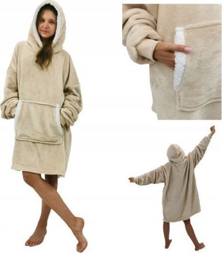 kontrast Ciepła gruba bluza z kapturem kocobluza oversize beżowa