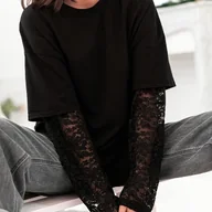 Bluzki damskie - TEMU Jednokolorowa Luźna Bluzka z Koronkowymi Wstawkami, Długi Rękaw, Damski Top, Modny Styl na Wiosnę, i Jesień - miniaturka - grafika 1