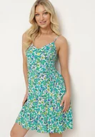 Sukienki - Zielona Wiskozowa Sukienka na Regulowanych Ramiączkach z Marszczoną Górą i Guzikami Dimanta - miniaturka - grafika 1