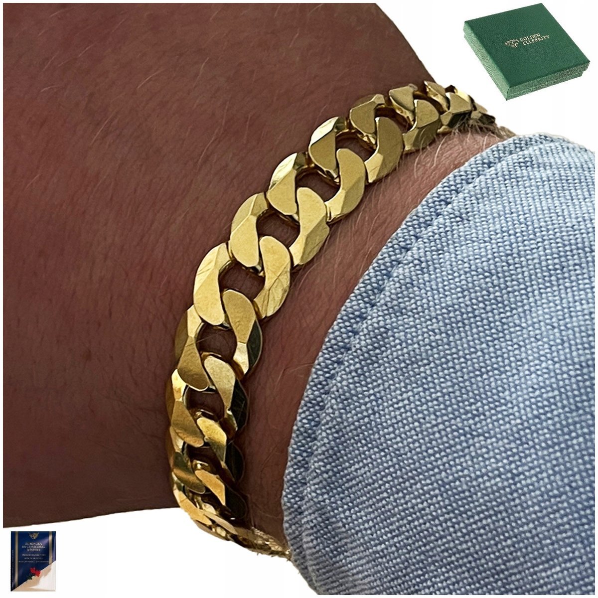 BRANSOLETKA ZŁOTA MĘSKA 925/585 SREBRO 22cm/11,5mm GRUBA SZEROKA + DARMOWE DODATKI