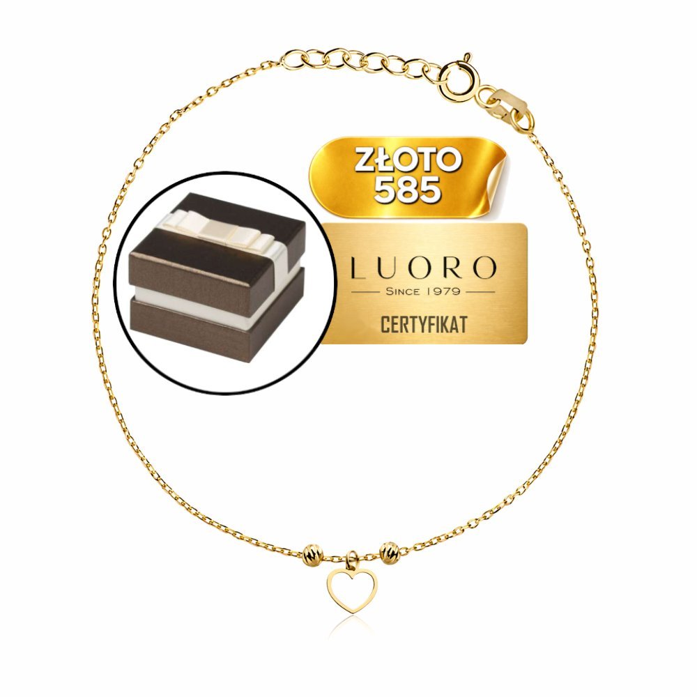 BRANSOLETKA ZŁOTA 585 14K SERCE DIAMENTOWANE KULKI CELEBRYTKA 17 CM