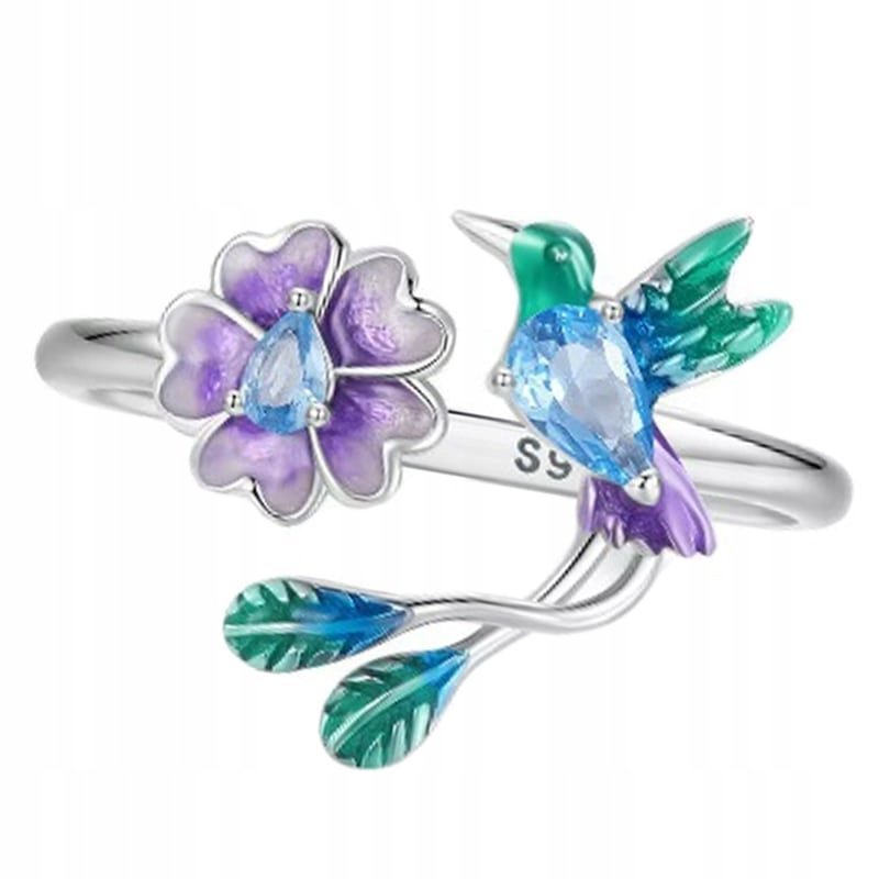 Pierścionek Srebrny Pierścionek Regulowany Koliber i Kwiat Srebro 925