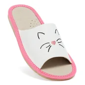 Buty dla dziewczynek - Kapcie dziecięce pantofle domowe skórzane z kotkiem lekkie i wygodne - miniaturka - grafika 1