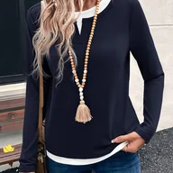 Bluzki damskie - TEMU Damska Casualowa Bluzka z Kolorowymi Blokami i Okrągłym Dekoltem na Jesień - miniaturka - grafika 1