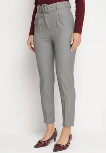 Szare Spodnie Garniturowe z Wiskozą Ozdobione Szerokim Paskiem Atteriana - Spodnie damskie - miniaturka - grafika 1