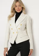 Marynarki i żakiety damskie - Jasnobeżowa Dwurzędowa Marynarka Taliowana w Tweedowym Stylu z Imitacją Kieszeni Liolia - miniaturka - grafika 1