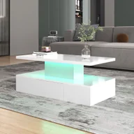 Ławy i stoliki kawowe - Stolik kawowy Merax hhcglanz z oświetleniem LED, stolik boczny z szufladą, stolik do salonu, szerokość 100 cm, biały - miniaturka - grafika 1
