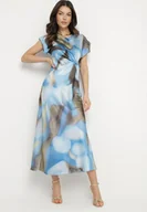 Sukienki - Niebieska Rozkloszowana Sukienka w Abstrakcyjny Print z Ozdobnym Marszczeniem Tillanara - miniaturka - grafika 1