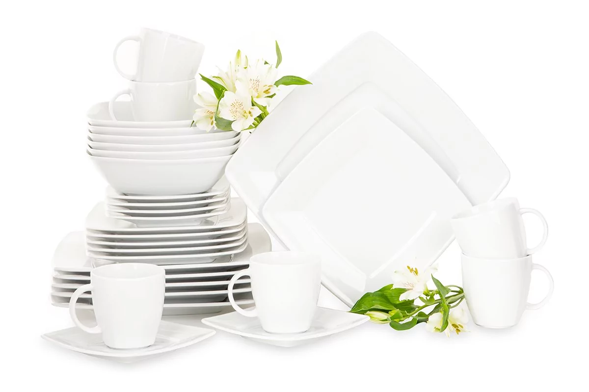 Serwis obiadowo-herbaciany kwadratowy 6 os. 30 elementów biały VICTORIA Konsimo