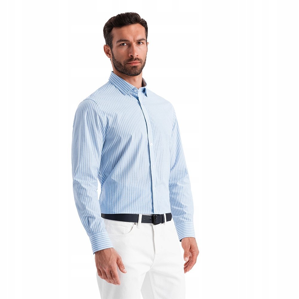 Męska koszula bawełniana REGULAR FIT w paski błękitno-biała OM-SHOS-0155 XL