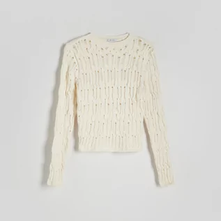 Swetry damskie - Reserved - Ażurowy sweter - Kremowy - grafika 1