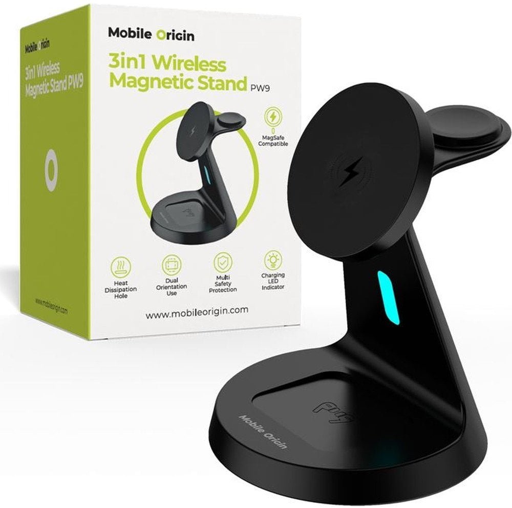 Mobile Origin Ładowarka indukcyjna 3in1 Wireless Magnetic Stand PW9, 15W + kabel USB-A / USB-C, czarna