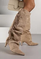 Kozaki damskie - Ciemnobeżowe Marszczone Kozaki z Imitacji Zamszu na Niskiej Szpilce z Frędzlami Linonra - miniaturka - grafika 1