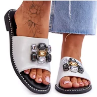 Klapki i japonki damskie - Damskie Klapki Z Kamieniami S.Barski KV-2775-31 Biało-Srebrne białe - miniaturka - grafika 1