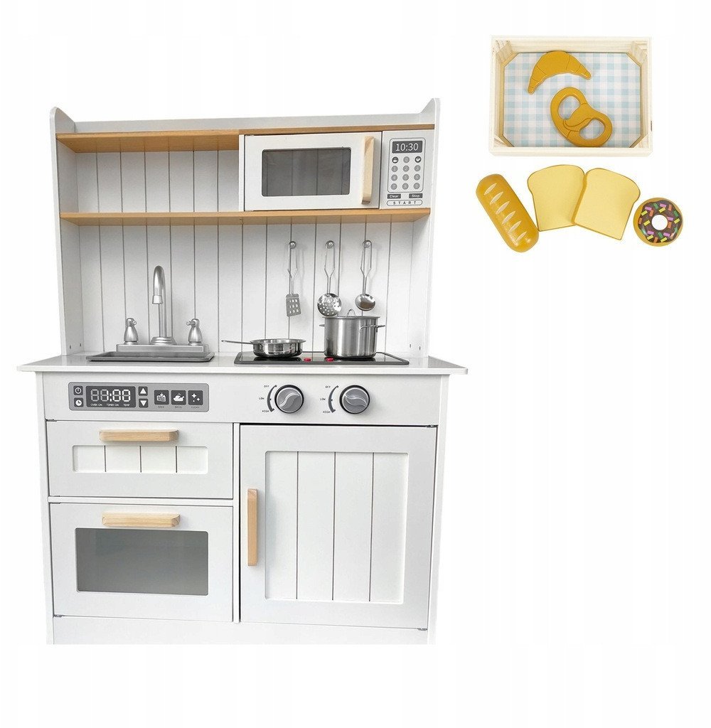 Drewniana kuchnia dla dzieci KiddieCookey Biała akcesoria + koszyk pieczywa