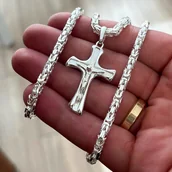 Łańcuszki - Łańcuszek Srebrny Splot Królewski + Krzyżyk 925 Biżuteria Dla Niego Faceta - miniaturka - grafika 1