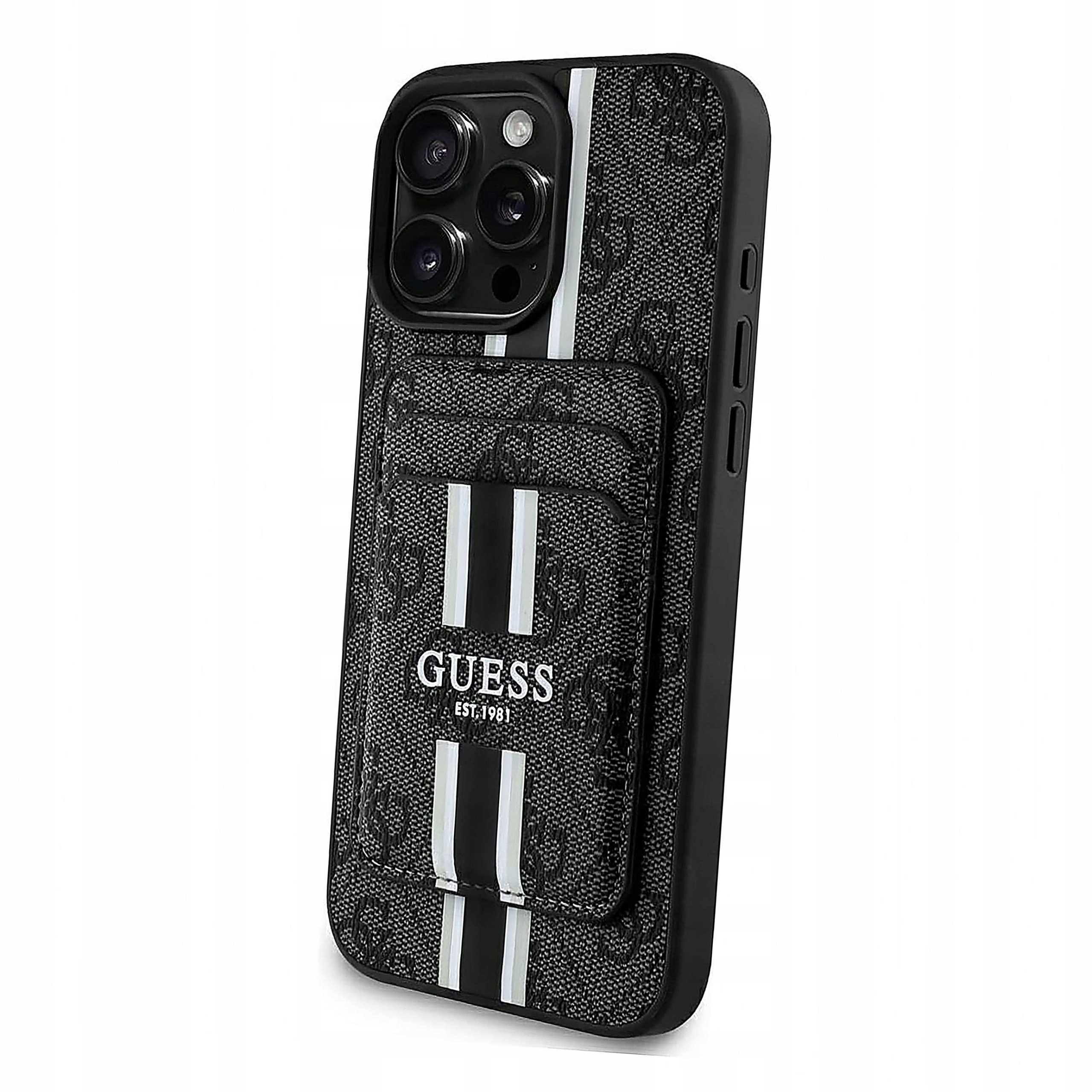 Etui Guess 4G Stripes z portfelem Magsafe do iPhone 16 Pro Max czarny
