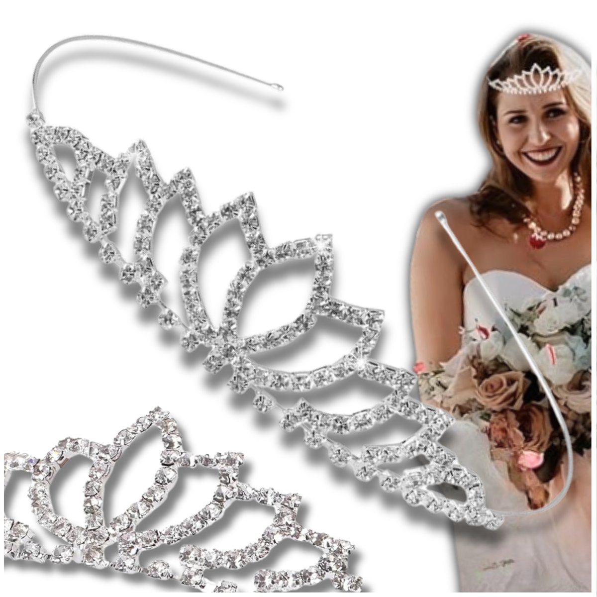 opaska Diadem włosów ozdobna cyrkonie Ślub SREBRNA Korona z cyrkoniami