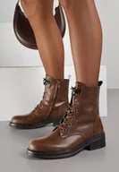 Botki damskie - Brązowe Skórzane Botki Workery z Cyrkoniową Aplikacją w Kształcie Pszczoły Tevorna - miniaturka - grafika 1