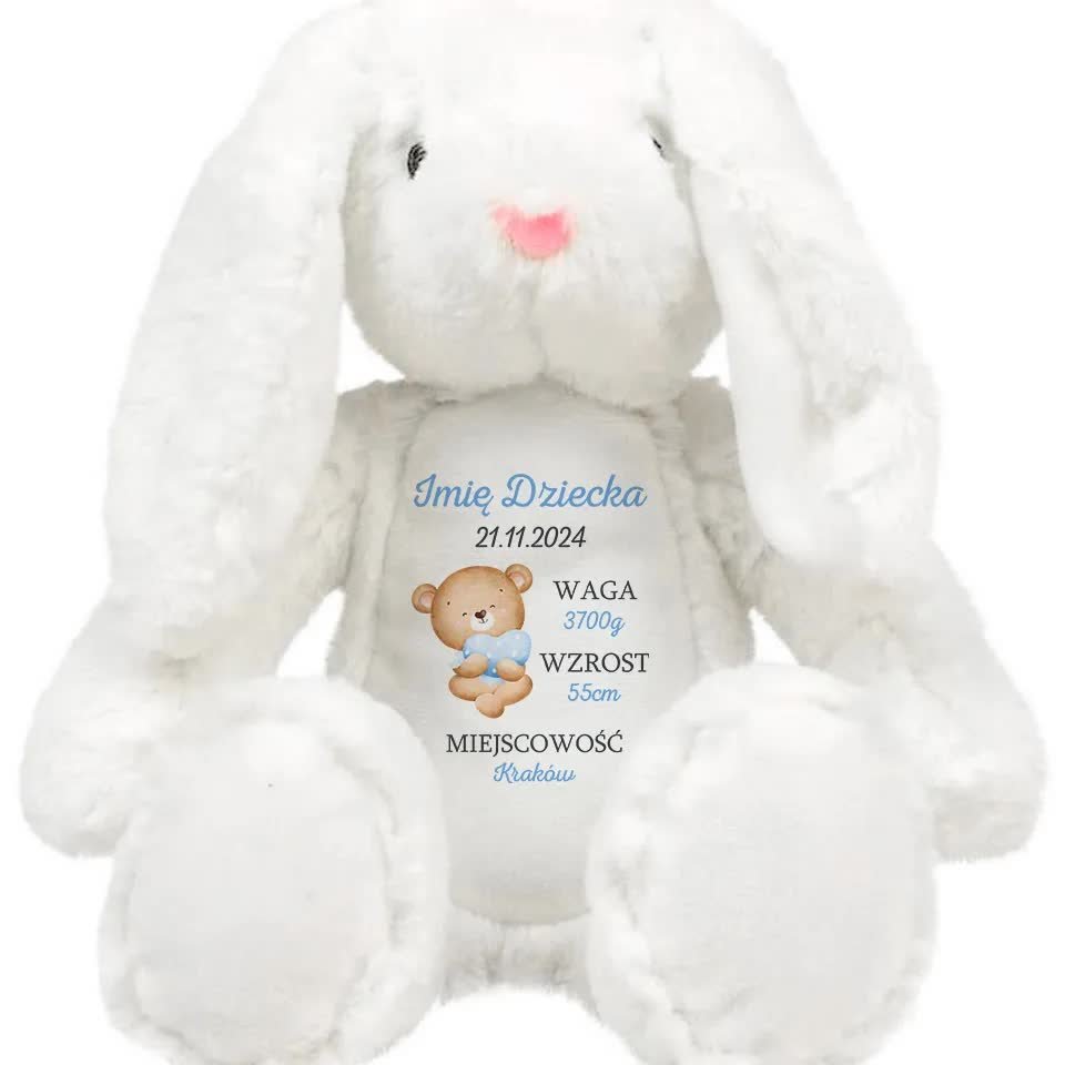 KRÓLICZEK PLUSZAK Dla Dziecka Personalizwoane DZIEŃ NARODZIN Niebieskie Wz