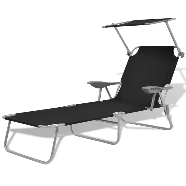 Składany leżak plażowy czarny z regulowanym daszkiem 58 x 189 x 27 cm