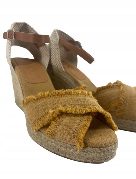 Kanna Sandały Espadryle Brązowe z Frędzlami na Klocku 40 Tla