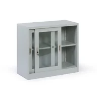 Szafki biurowe - Metalowa szafka z półkami i szklanymi przesuwanymi drzwiami, zdemontowana, 900 x 800 x 400 mm - miniaturka - grafika 1