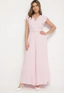 Kombinezony - Różowy Kombinezon o Kopertowym Kroju z Plisami i Paskiem w Talii Salivania - miniaturka - grafika 1