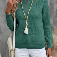 Swetry damskie - TEMU Zielony Sweter - Elegancki Turkusowy Sweter z Okrągłym Dekoltem, Wysoka Elastyczność i Chwytliwe Frędzle (Bez Guzików/Sznurówek) - Sweter na - miniaturka - grafika 1