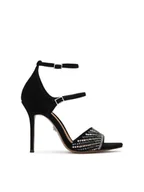 Sandały damskie - Czarne zamszowe sandały na szpilce z transparentnym paskiem i dżetami - 38 - miniaturka - grafika 1