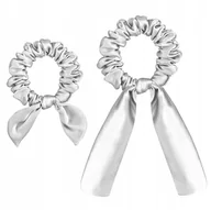Ozdoby do włosów - 100% JEDWAB 2x Gumka Jedwabna ze Wstążką do Włosów Frotka Silver Srebrna - miniaturka - grafika 1
