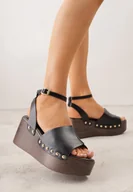 Sandały damskie - Czarne Sandały na Koturnie i Platformie Ozdobione Nitami Rhethe - miniaturka - grafika 1